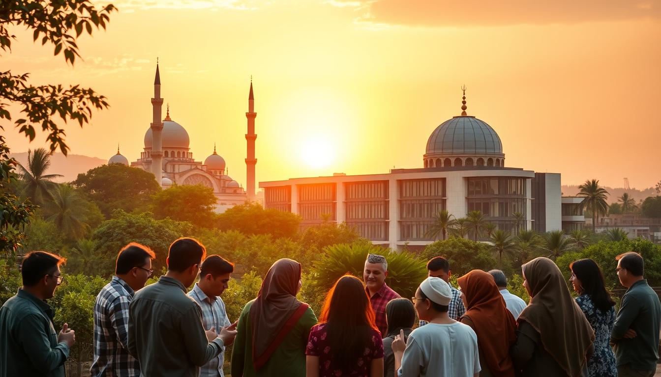 A lush, verdant landscape serves as the backdrop, with a traditional Islamic mosque silhouetted against a golden sunset sky. In the foreground, a diverse group of people - men and women, young and old - engage in animated discussions, their hands gesturing as they share ideas and experiences. In the middle ground, a modern banking institution stands, its sleek, glass-and-steel façade reflecting the vibrant community around it. The lighting is warm and inviting, casting a soft, diffused glow over the entire scene, conveying a sense of harmony and mutual understanding between the bank and the people it serves. The overall atmosphere is one of collaboration, trust, and a shared sense of purpose, capturing the symbiotic relationship between the Islamic financial institution and the community it supports.