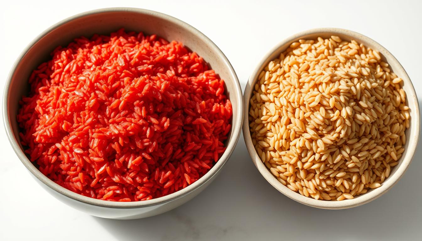 Two bowls of fragrant, freshly cooked rice - one a vibrant red and the other a deep, earthy brown. The red rice, infused with natural coloring from ingredients like red yeast rice, radiates a warm, inviting hue. The brown rice, nutty and wholesome, is evenly cooked with a fluffy, appetizing texture. The bowls are artfully arranged on a clean, minimalist tabletop, illuminated by soft, diffused lighting that casts gentle shadows, highlighting the grains' distinctive colors and shapes. This image showcases the visual appeal and nutritional benefits of these whole grain carbohydrate sources, perfect for fueling the body with sustained energy.