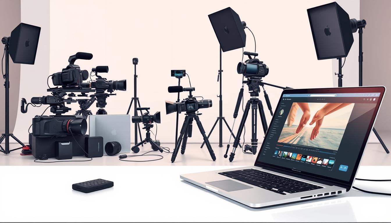 Prompt A detailed, high-quality digital illustration depicting a professional photo and video editing setup. In the foreground, a sleek, modern laptop with a large, high-resolution monitor displays a video editing interface. An array of video cameras, lighting equipment, and other production tools are arranged neatly on a clean, minimalist workspace. The middle ground features a professional-grade camera on a sturdy tripod, while the background showcases a studio backdrop with subtle, muted colors that complement the overall aesthetic. The scene conveys a sense of organization, productivity, and the tools necessary for a successful social media administration career.