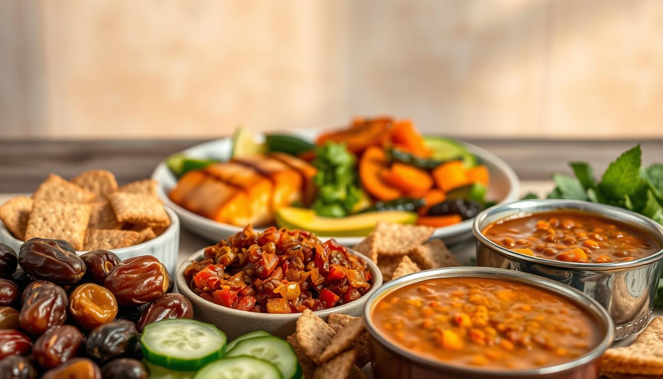 A visually appetizing spread of healthy, Ramadan-friendly dishes against a softly blurred background. In the foreground, an assortment of colorful, nutrient-dense foods - fresh dates, sliced cucumbers, whole-grain crackers, and a bowl of savory lentil soup. The middle ground features a platter of grilled salmon and roasted vegetables, glistening under warm, directional lighting. In the background, a serene, minimalist setting with muted tones evokes a sense of balance and tranquility, creating an inviting atmosphere for the perfect iftar meal.