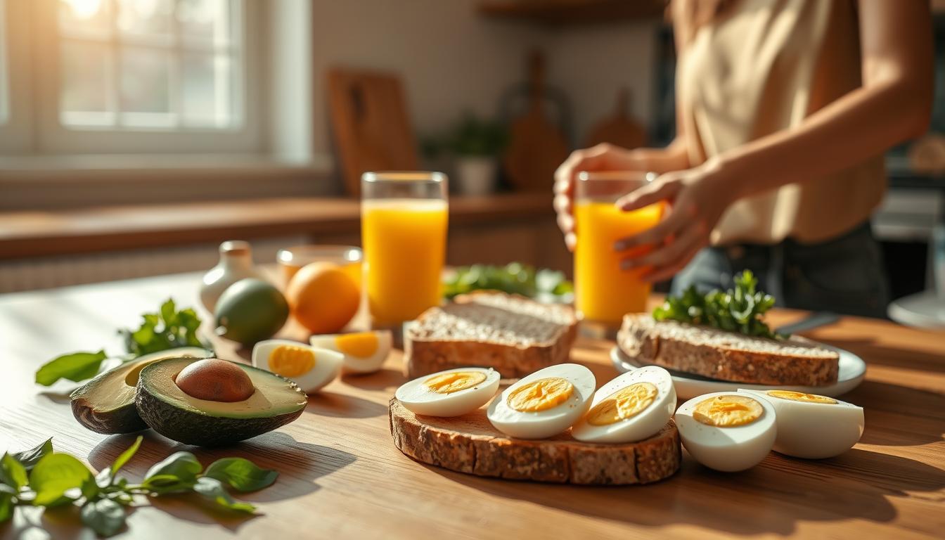 A healthy and vibrant breakfast scene captured in warm natural lighting. In the foreground, an assortment of fresh, wholesome ingredients neatly arranged on a wooden table - sliced avocado, hard-boiled eggs, whole grain toast, and a glass of freshly squeezed orange juice. In the middle ground, a person's hands carefully preparing the meal, conveying a sense of mindfulness and care. The background features a cozy, minimalist kitchen with clean lines and earthy tones, creating a calming, inviting atmosphere. The overall mood is one of simplicity, nourishment, and a positive start to the day.