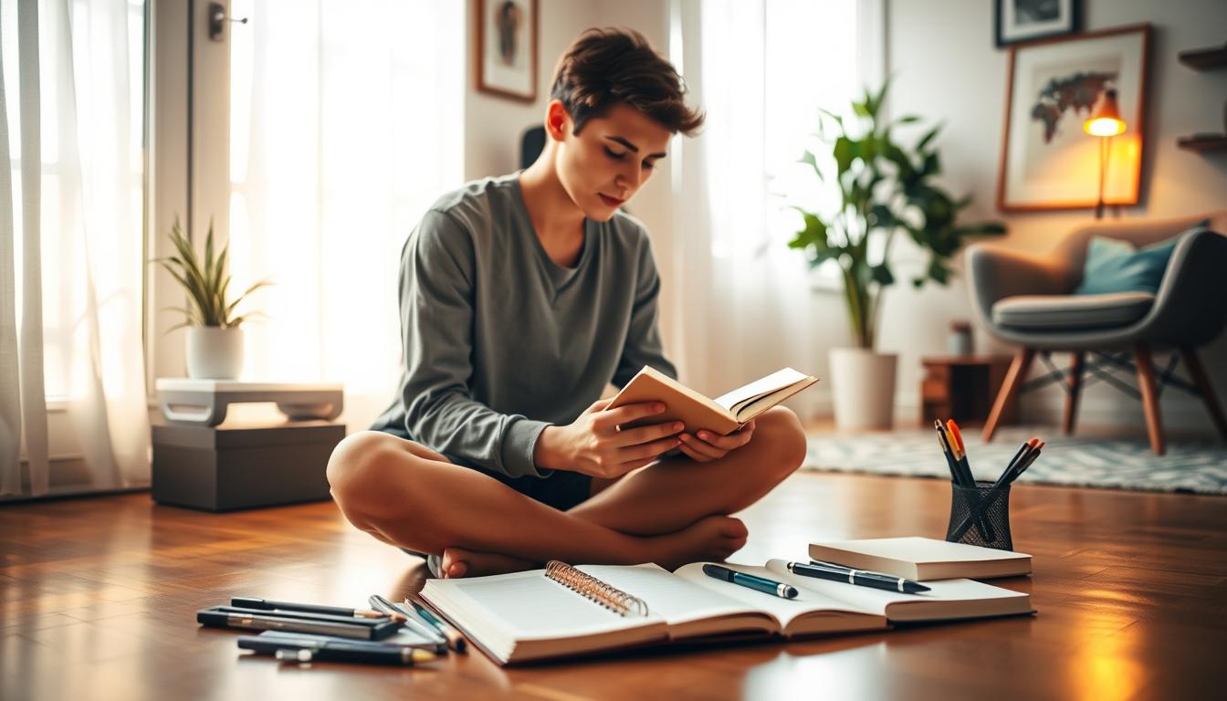 A serene, well-lit scene of a person engaged in self-development through soft skills training. In the foreground, a young professional sits cross-legged on a wooden floor, intently focused on a book or laptop, their face illuminated by a warm, natural light from a nearby window. In the middle ground, various office supplies and personal growth resources, such as pens, notebooks, and motivational quotes, are neatly arranged, creating a sense of organization and intentionality. The background depicts a cozy, minimalist workspace, with plants, artwork, and a comfortable chair, suggesting a nurturing environment conducive to personal and professional growth. The overall mood is one of calm, concentration, and a commitment to self-improvement through the acquisition of valuable soft skills.