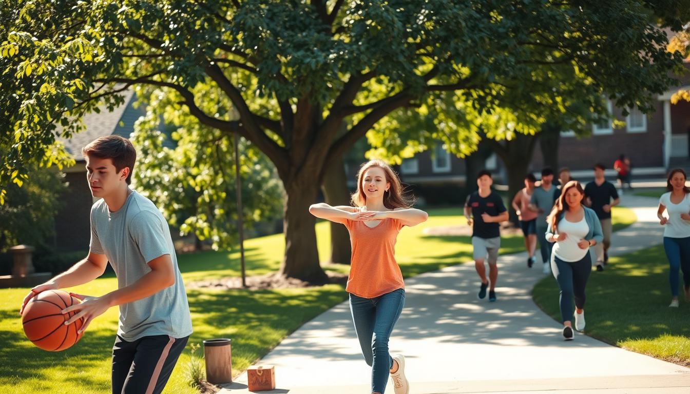 A group of college students engaging in various physical activities on a lush, sun-dappled campus. In the foreground, two young men play a friendly game of basketball, their faces flushed with exertion under the warm afternoon light. In the middle ground, a young woman stretches by a shady tree, her serene expression reflecting the tranquility of the scene. In the background, a group of students jog along a winding path, their strides energetic and purposeful. The overall atmosphere conveys a sense of vibrant, healthy activity, with the campus setting providing a picturesque backdrop for the students' physical pursuits.