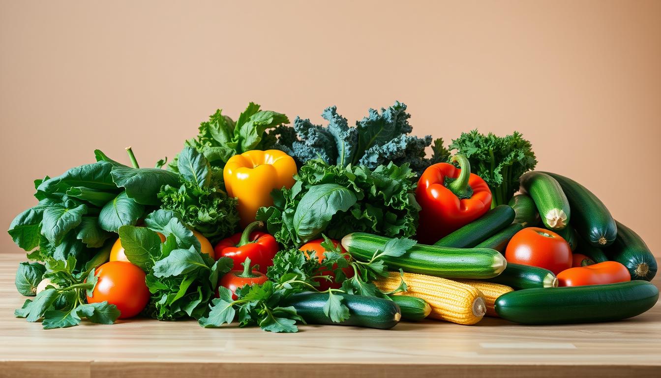A neatly arranged still life photograph of an assortment of fresh, vibrant vegetables on a wooden table. The foreground features a variety of leafy greens, such as spinach, kale, and arugula, alongside low-purine options like bell peppers, zucchini, and cucumbers. The middle ground showcases the produce against a neutral, warm-toned background, creating a sense of natural, earthy harmony. Soft, diffused lighting from the side gently illuminates the scene, highlighting the rich colors and textures of the healthy, gout-friendly vegetables.