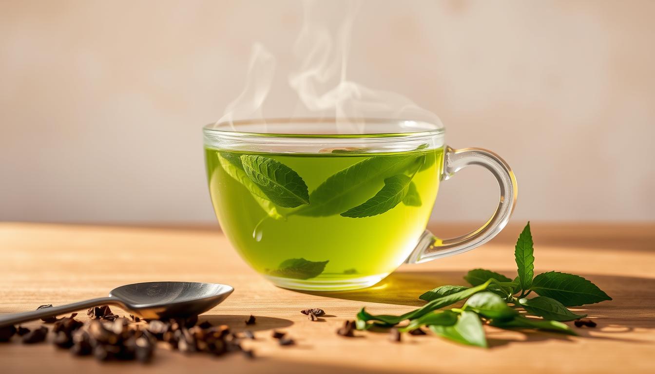 A close-up shot of a steaming cup of green tea, its leaves floating delicately on the surface, set against a soft, muted background. The lighting is natural and warm, highlighting the vibrant green hue of the tea. In the foreground, a few scattered tea leaves and a teaspoon are artfully arranged, creating a sense of balance and harmony. The overall mood is one of serenity and contemplation, inviting the viewer to consider the potential side effects and warnings associated with consuming green tea, as part of a broader discussion on its health benefits as a natural antioxidant.