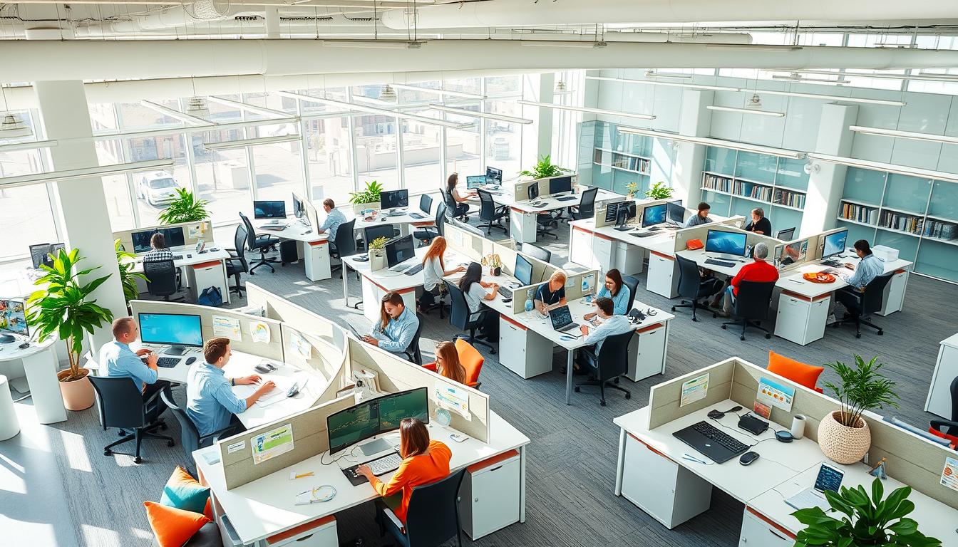 A modern, well-equipped office space with an open, flexible layout. Desks and workstations are arranged in a non-traditional, adaptable configuration, allowing for easy collaboration and reconfiguration as needed. The lighting is bright and natural, creating a productive and energetic atmosphere. Employees are depicted working together in small groups, discussing ideas and brainstorming solutions. The color palette is vibrant, with pops of accent colors that evoke a sense of innovation and dynamism. The overall scene conveys a sense of organizational agility, where the physical environment supports a culture of adaptability and responsiveness to changing business needs.