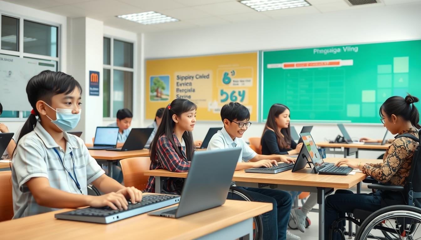 Various adaptive technologies being used by students with different disabilities in an Indonesian classroom setting