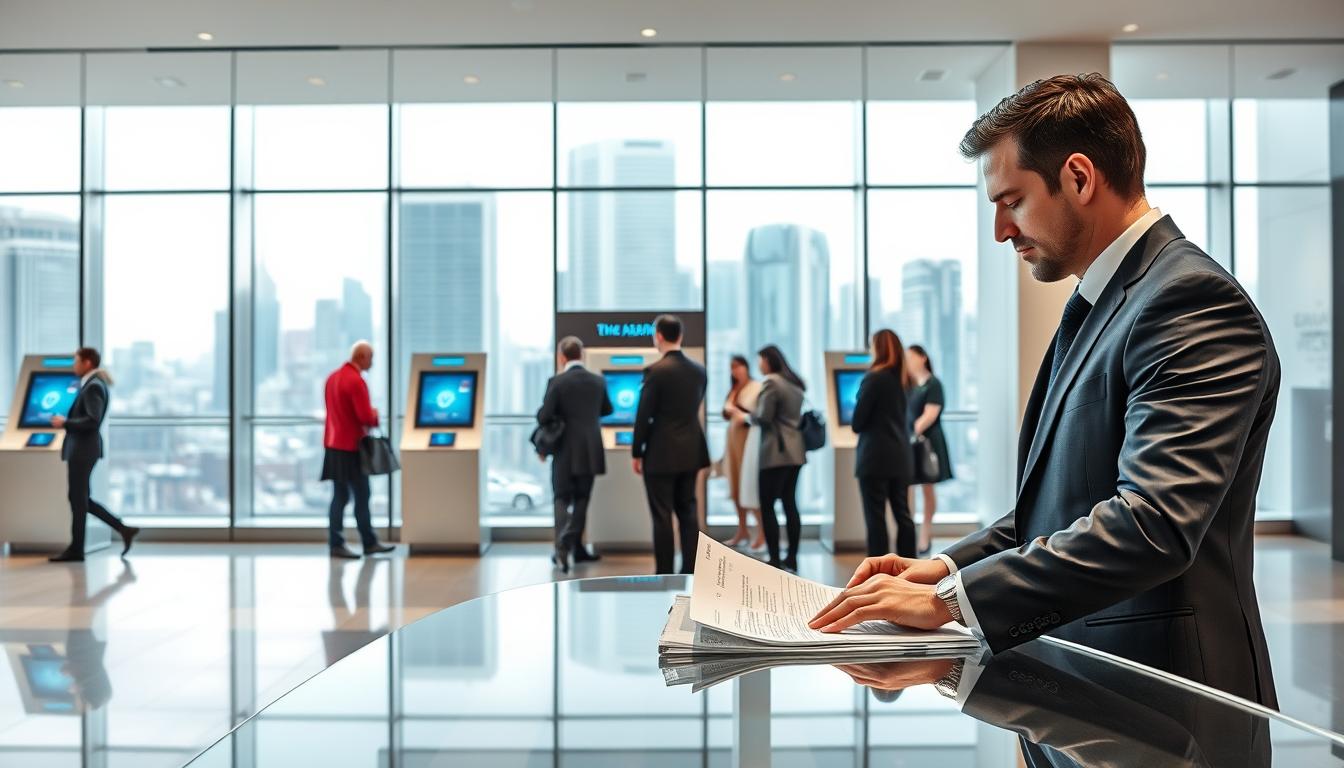 A modern, well-lit banking interior with a sleek, minimalist design. In the foreground, a banking professional in a sharp suit reviews loan documents on a glass-topped desk. In the middle ground, customers queue at teller windows with digital displays showcasing banking services. The background features an expansive glass facade overlooking a bustling city skyline, evoking a sense of efficiency, professionalism, and technological innovation in the banking industry. The overall scene conveys the operational, credit, and risk management aspects of banking management.