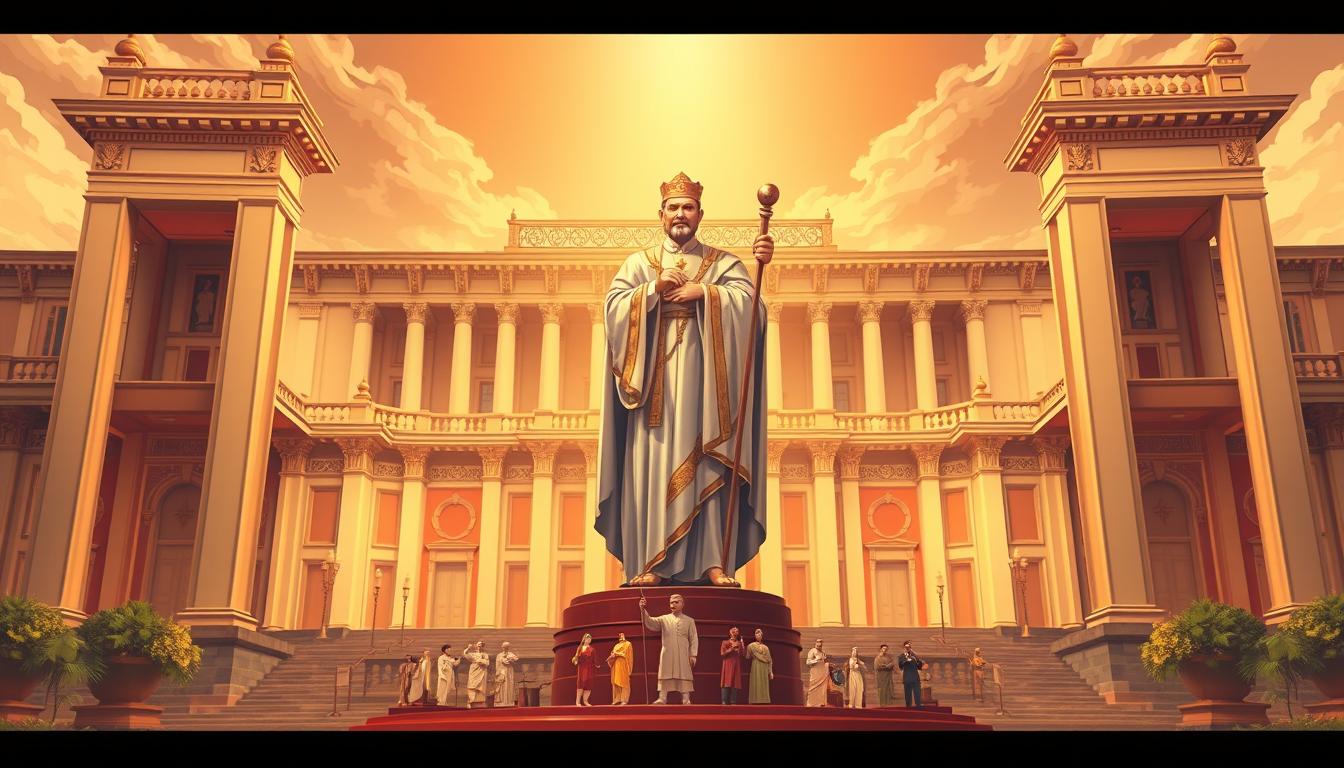 A grand, ornate illustration of the functions and roles of the 1945 Constitution of Indonesia (UUD 1945), set against a backdrop of a majestic government building. In the foreground, a central figure symbolizing the constitution stands tall, radiating authority and wisdom. Intricate details adorn the figure, such as flowing robes and a regal scepter. The middle ground features miniature representations of the constitution's key purposes, such as safeguarding national unity, establishing a system of government, and protecting the rights of the people. The background showcases the grandeur of the Indonesian state, with towering columns, ornate arches, and a warm, golden lighting that imbues the scene with a sense of gravity and importance. The overall composition conveys the weight and significance of the 1945 Constitution in shaping Indonesia's national identity and governance.