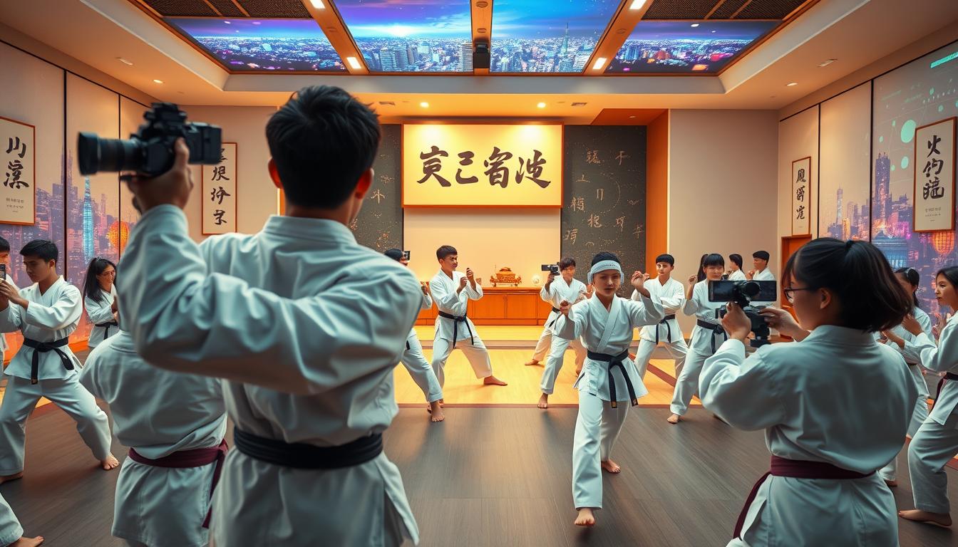 A virtual karate community gathers in a vibrant digital realm. In the foreground, students in crisp white uniforms perform dynamic kata moves, their movements captured by high-resolution cameras. The middle ground features a serene online dojo, its walls adorned with Japanese calligraphy and minimalist decor. In the background, a backdrop of futuristic cityscapes and pulsing digital landscapes sets the scene, conveying the seamless integration of traditional martial arts and cutting-edge technology. Warm, diffused lighting casts a sense of focus and determination, while a wide-angle lens captures the communal energy of this innovative karate practice.