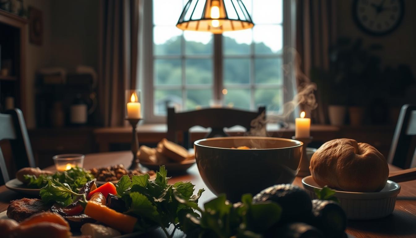 A cozy, dimly lit kitchen table set for a healthy family dinner. In the foreground, a variety of fresh, colorful ingredients including leafy greens, roasted vegetables, and a whole-grain bread roll. In the middle ground, a large bowl of hearty soup or stew, steam rising gently. Candlelight casts a warm glow, with a stylish pendant light fixture overhead. In the background, a window frames a serene, natural landscape, hinting at the nutritious, wholesome nature of the meal. The scene evokes a sense of comfort, nourishment, and wellbeing.