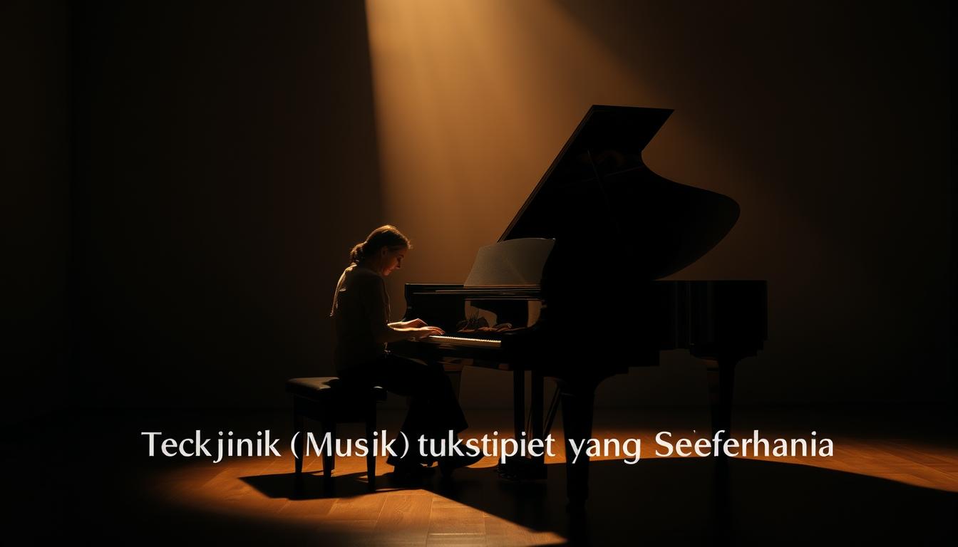 A serene, dimly lit room with a grand piano taking center stage. Soft, warm lighting casts a gentle glow, creating an atmosphere of tranquility and introspection. In the foreground, a person sits at the piano, their hands delicately caressing the keys, coaxing out soothing, therapeutic melodies. The background features muted, abstract shapes and textures, adding depth and a sense of peaceful isolation. The scene evokes a sense of calmness, focus, and the therapeutic power of music, capturing the essence of "Teknik Musik Terapi yang Sederhana".