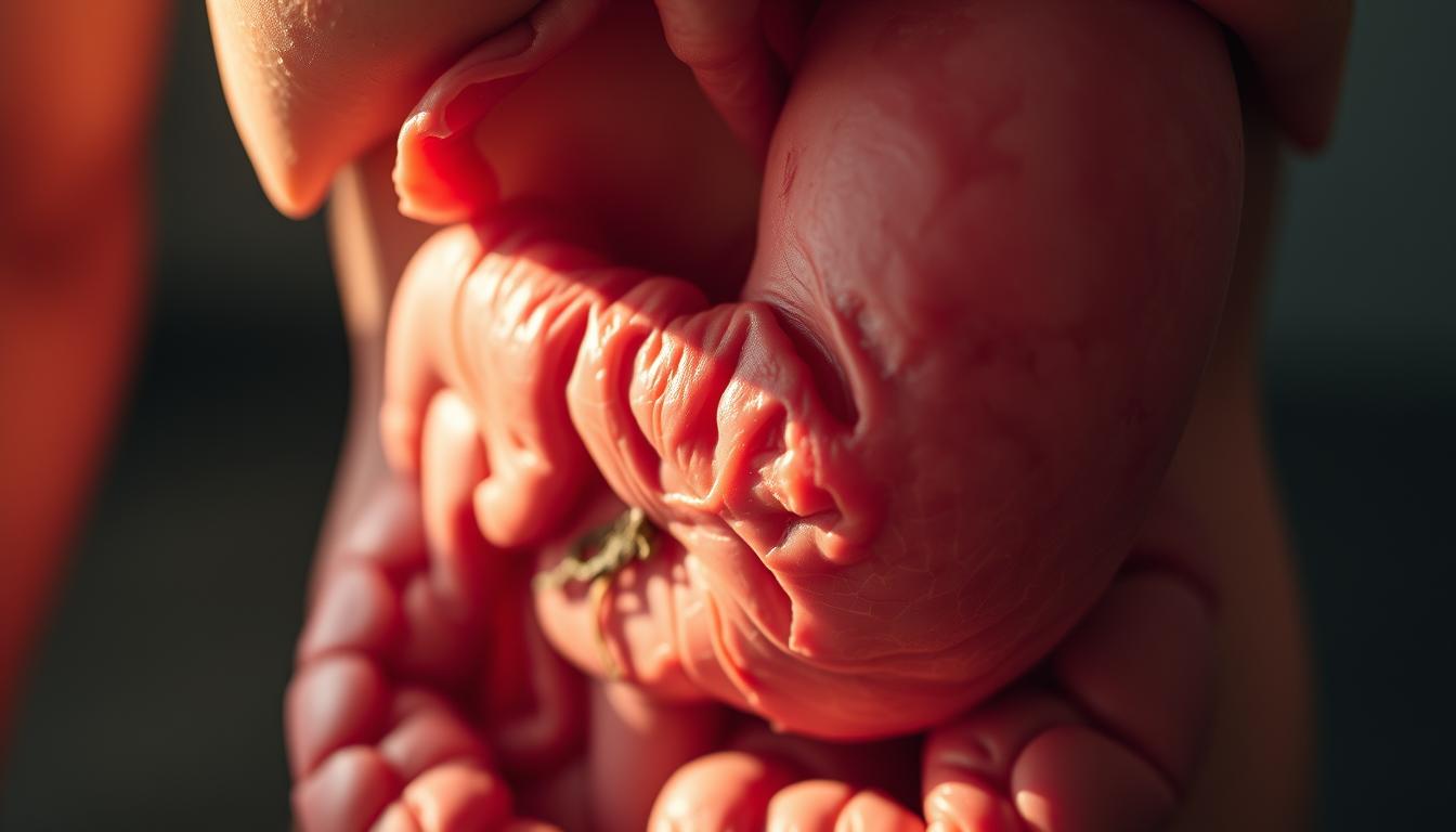 a detailed macro photograph of a healthy human stomach, showcasing its intricate inner lining and digestive tissues. the stomach is illuminated by soft, warm lighting, casting gentle shadows that accentuate its organic texture and structure. the image is captured at a slightly low angle, creating a sense of depth and emphasizing the three-dimensional qualities of the stomach. the background is blurred, keeping the focus solely on the stomach and creating a serene, contemplative atmosphere. the colors are muted and earthy, with shades of pink, red, and tan predominating, conveying the natural, physiological nature of the subject.