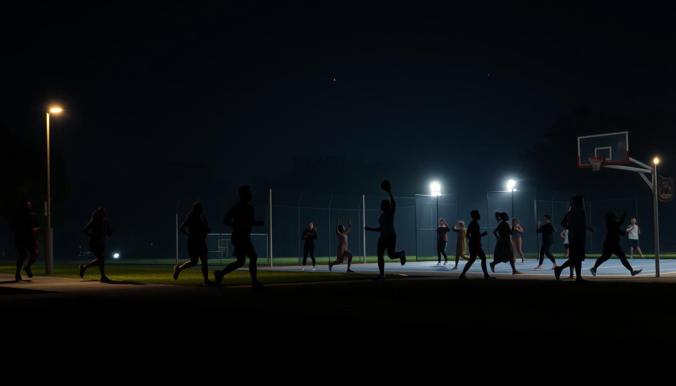 A serene nighttime scene of people engaged in various fitness activities. In the foreground, a group of joggers are running along a dimly lit path, their silhouettes illuminated by the soft glow of streetlamps. In the middle ground, a yoga class is practicing their poses under the stars, their movements graceful and calming. In the background, a basketball court is lit up, with players enthusiastically dribbling and shooting hoops. The overall atmosphere is one of tranquility and focus, with a sense of the peaceful solitude that can be found in nighttime exercise. The lighting is subtle and moody, creating a sense of mystery and introspection.
