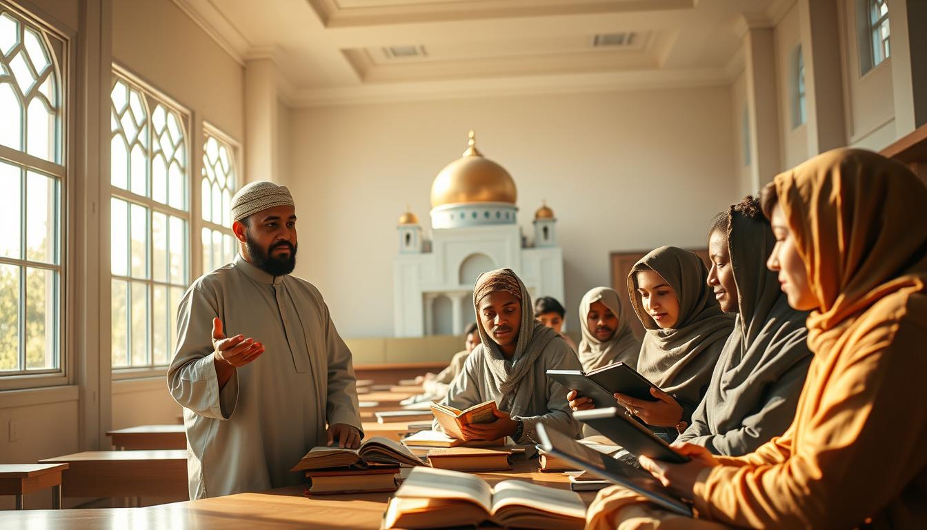 A serene, sun-dappled classroom with students of diverse backgrounds engaged in thoughtful discourse. Soft, warm lighting filters through large windows, casting a tranquil glow on the scene. In the foreground, a teacher in traditional Islamic attire gestures animatedly, guiding the students in a Socratic dialogue. The middle ground features young men and women intently studying ancient texts and modern tablets, their expressions reflecting a harmonious blend of scholarly pursuit and spiritual contemplation. In the background, a majestic domed structure stands as a symbol of the rich heritage of Islamic education, seamlessly integrating tradition and innovation. The overall atmosphere conveys a vision of the future of Islamic education - one that nurtures both intellectual rigor and moral excellence.