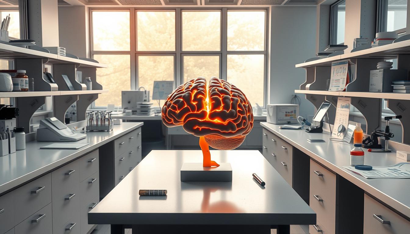A serene laboratory setting, with modern scientific equipment and tools arranged neatly on clean, white workbenches. Soft, natural lighting filters in through large windows, casting a warm glow over the scene. In the center, a brain model sits prominently, its intricate neural pathways and structures illuminated, hinting at the complexities of the human mind. Surrounding the brain, various medical charts, graphs, and research materials are displayed, reflecting the ongoing efforts to understand the mysteries of schizophrenia. The atmosphere is one of focused inquiry, a pursuit of knowledge to unlock the secrets of this complex mental disorder.