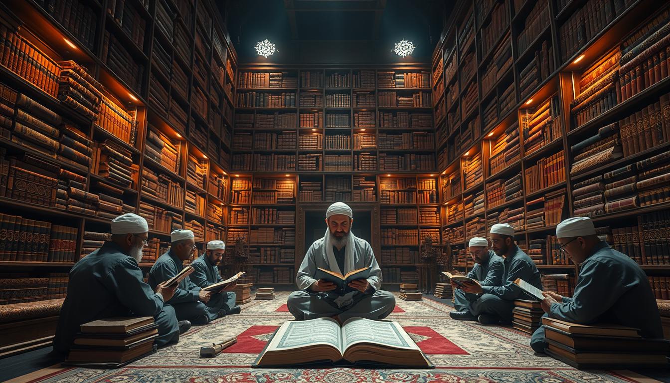 A tranquil, timeless scene of the future of Qira'at in the Quran. A majestic, ancient library with towering shelves filled with ornate, leather-bound Qurans. Warm, ambient lighting casts a reverent glow, illuminating the intricate calligraphy and ornate illuminations on the pages. In the center, a scholar sits cross-legged, meticulously studying the nuances of Qira'at, their face serene and contemplative. Around them, other scholars engage in respectful discourse, passing down this sacred knowledge to the next generation. The atmosphere is one of profound wisdom, unwavering devotion, and an unbroken continuum of Quranic study throughout the ages.