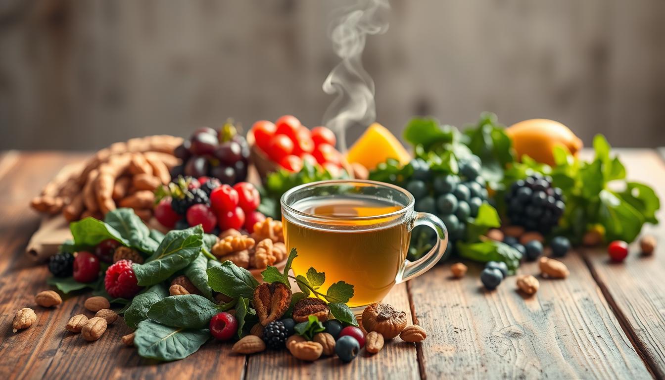 A delectable array of brain-boosting superfoods arranged artfully on a rustic wooden table, illuminated by soft, natural lighting. In the foreground, an assortment of leafy greens, vibrant berries, and crunchy nuts, symbolizing the nutrient-dense ingredients that nourish the mind. In the middle ground, a steaming cup of herbal tea, its fragrant steam rising gently, representing the soothing, restorative properties of mindful consumption. The background features a tranquil, minimalist backdrop, allowing the vibrant colors and textures of the healthy brain food to take center stage. The overall scene conveys a sense of balance, vitality, and the holistic approach to supporting cognitive health.
