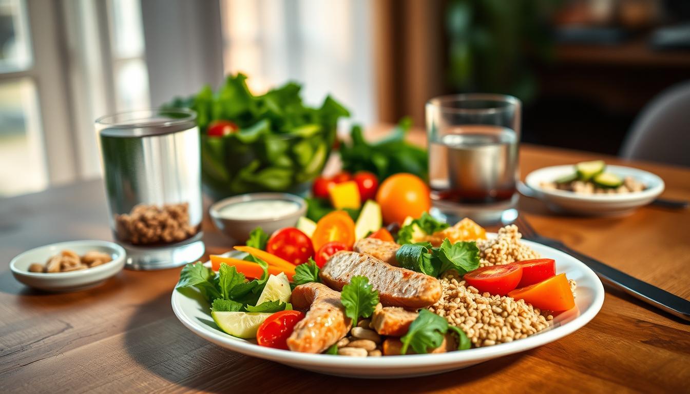 A vibrant and inviting scene of a balanced, healthy meal spread out on a wooden table. In the foreground, a plate showcases a colorful arrangement of fresh vegetables, lean protein, and whole grains. Behind it, a bowl of mixed greens and a glass of refreshing water create a visually appealing and nutritious setup. Soft, natural lighting from a nearby window casts a warm glow, emphasizing the vibrancy of the food. The middle ground features a variety of complementary ingredients, such as fruits, nuts, and healthy dressings, suggesting a well-rounded and satisfying dining experience. The background blurs slightly, keeping the focus on the delectable meal and creating an atmosphere of mindful, healthy eating.
