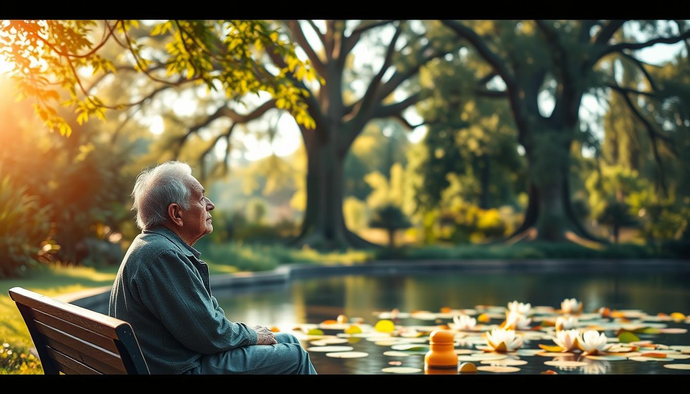 A serene, sunlit garden setting with a tranquil pond and lush greenery. In the foreground, an elderly person sitting peacefully on a bench, deep in contemplation, their expression conveying a sense of inner calm and focus. The middle ground features calming water lilies floating on the pond's surface, and the background showcases a backdrop of towering trees, their branches gently swaying in a soft breeze. Warm, golden lighting filters through the leaves, creating a soothing, therapeutic atmosphere that promotes mental wellbeing and mindfulness. The overall scene evokes a sense of harmony, balance, and the restorative power of nature, capturing the essence of "Meningkatkan Kesehatan Mental" for the Alzheimer's article.