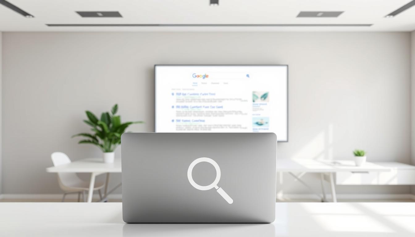 A modern office workspace with a minimalist aesthetic. In the foreground, a desk with a sleek laptop and a stylized magnifying glass icon, symbolizing the use of SEO in digital marketing. The middle ground features a large, high-resolution display showing a search engine results page, highlighting the importance of optimizing content for search visibility. In the background, a clean and airy environment with simple geometric shapes and neutral colors, creating a calm and professional atmosphere. The lighting is soft and diffused, emphasizing the digital nature of the scene. The overall composition conveys the integration of SEO strategies into a contemporary marketing approach.