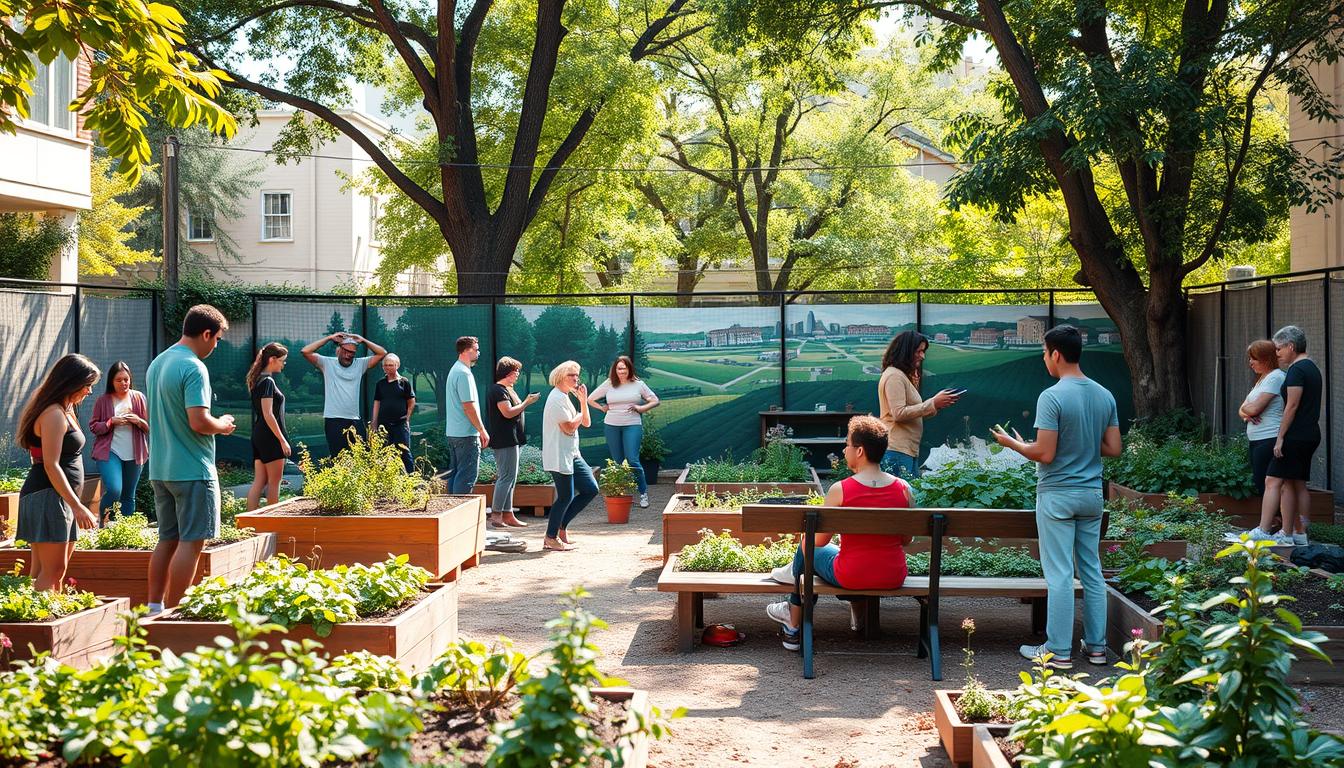 A vibrant community garden nestled in a serene urban setting. In the foreground, a group of diverse individuals engaged in various healthy activities - tending to their vegetable plots, participating in a yoga session, or simply enjoying a lively conversation. The middle ground features a cozy gathering area with wooden benches and potted plants, inviting residents to connect and share knowledge. In the background, a mural on the garden's fence depicts a harmonious blend of nature and city life, casting a warm, welcoming atmosphere. Soft, natural lighting filters through the surrounding trees, creating a sense of tranquility and well-being. This scene captures the essence of thriving local communities that promote active, healthy lifestyles without the need for a traditional gym.