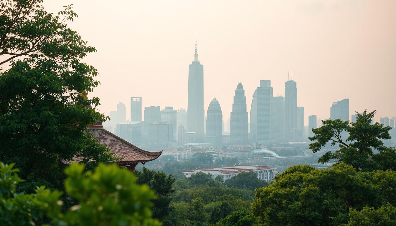 A serene intersection of ancient faith and modern culture. In the foreground, a tranquil temple nestled among lush greenery, its intricate architecture a testament to timeless spiritual traditions. Soft, warm lighting casts a contemplative glow, inviting the viewer to pause and reflect. In the middle ground, a bustling city skyline rises, skyscrapers and high-tech structures juxtaposed against the timeless temple, symbolizing the dynamic coexistence of the sacred and the secular. The background fades into a hazy, atmospheric sky, evoking a sense of timelessness and the eternal search for truth. The scene conveys a harmonious balance, where the enduring wisdom of religion finds its place within the ever-evolving fabric of modern society.