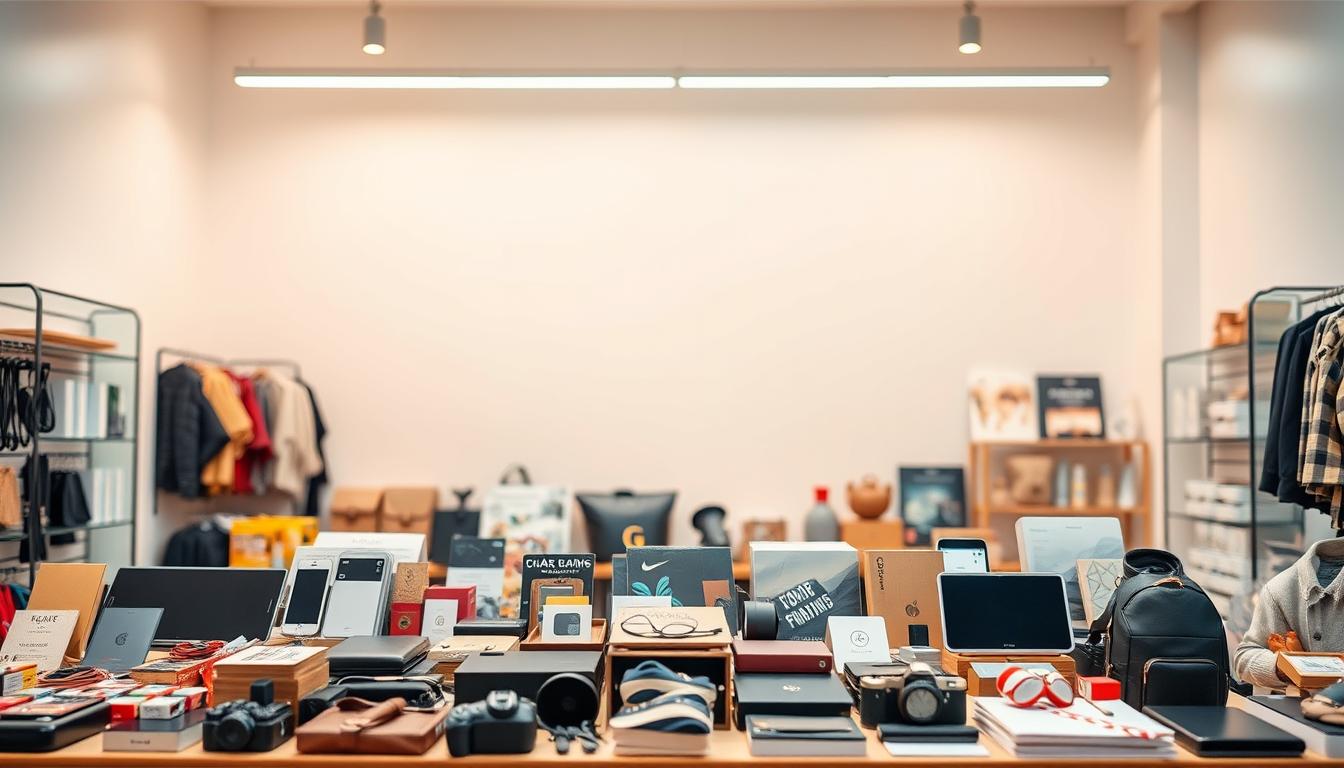 A high-quality product photograph showcasing a variety of goods in a well-lit, visually appealing display. The foreground features an assortment of neatly arranged items, such as electronics, fashion accessories, and home decor, all captured with a shallow depth of field to draw the viewer's attention. The middle ground presents a clean, minimalist backdrop, allowing the products to take center stage. Warm, diffused lighting from above creates a soft, inviting atmosphere, highlighting the texture and detail of each item. The overall composition is balanced and professional, conveying a sense of trust and quality that would be well-suited for an e-commerce marketplace listing.
