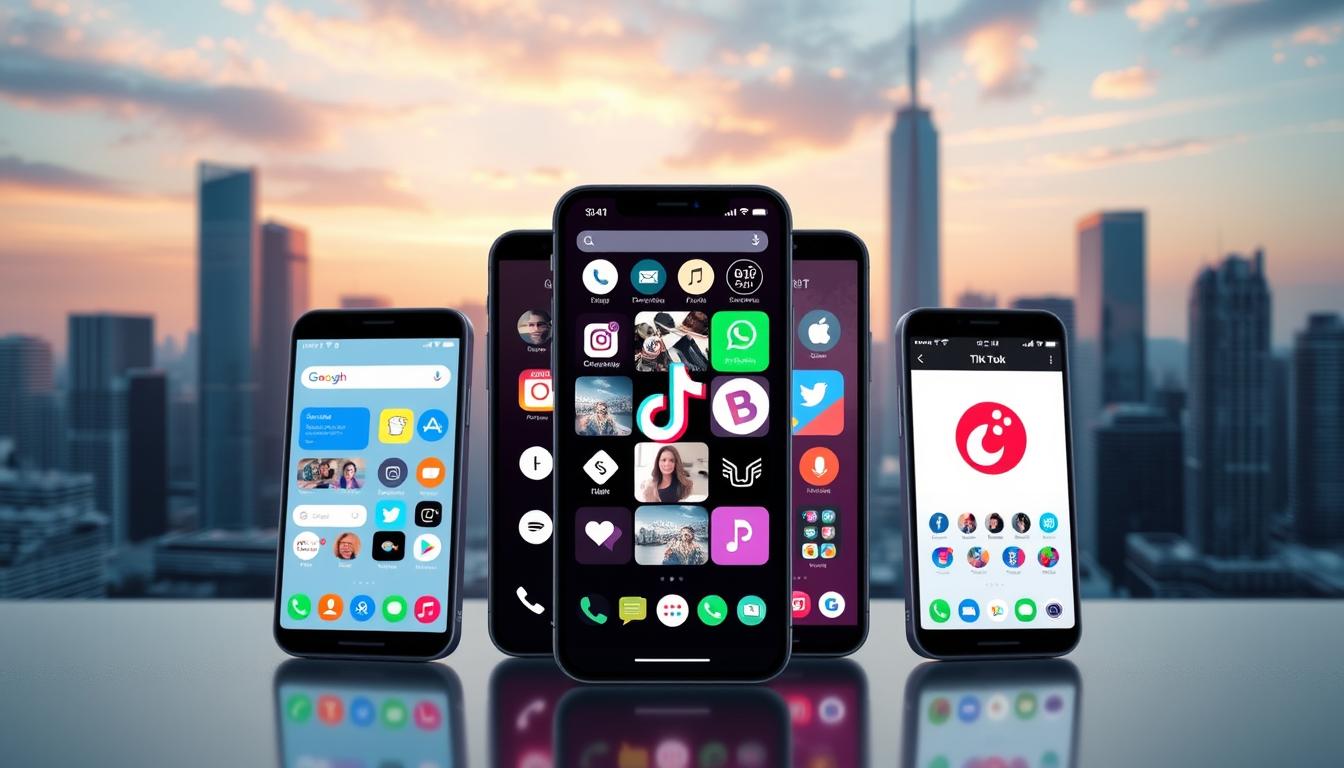 A contemporary and dynamic social media app interface, featuring a clean and intuitive design. In the foreground, prominently displayed mobile device screens showcase a variety of social media platforms, including Facebook, Instagram, Twitter, and TikTok. The middle ground depicts a collage of vibrant icons, buttons, and user interaction elements, all seamlessly integrated. The background showcases a modern, minimalist cityscape with skyscrapers and a serene sky, conveying a sense of technological advancement and urban sophistication. The overall scene exudes a sleek, professional, and visually appealing atmosphere, suitable for an article on earning money through Android app development and promotion.