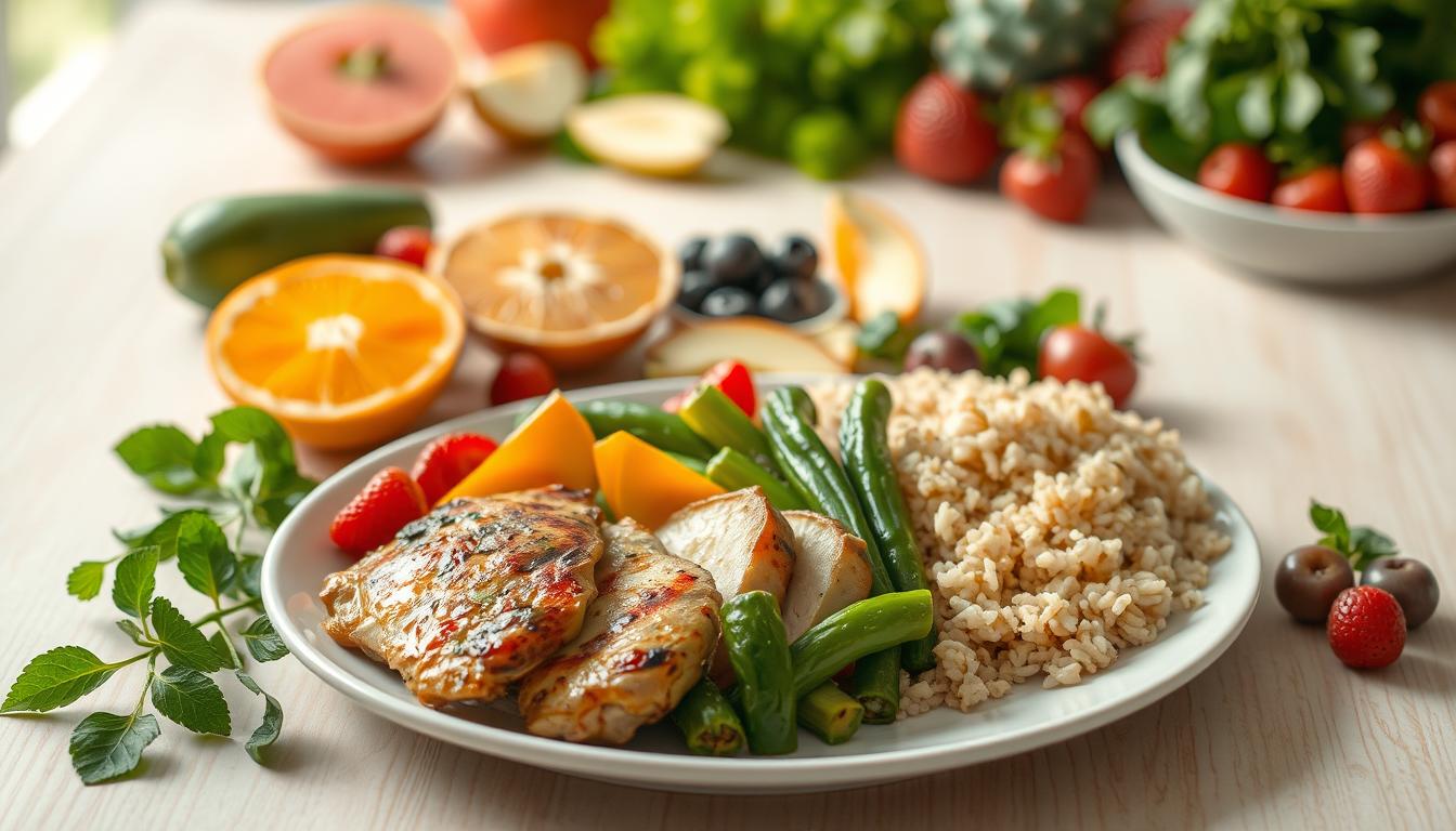 A nourishing meal presented on a light-colored wooden table, surrounded by fresh, vibrant produce. In the foreground, a plate showcases a well-balanced dish of grilled chicken, steamed vegetables, and a side of whole grain rice, all arranged with care and attention to color and texture. The middle ground features a selection of fresh fruits, such as sliced apples, oranges, and berries, adding pops of color and natural sweetness. In the background, a calming, natural light fills the scene, accentuating the healthy, wholesome ingredients. The overall atmosphere evokes a sense of simplicity, nourishment, and the importance of mindful, visually appealing food presentation for growing children.