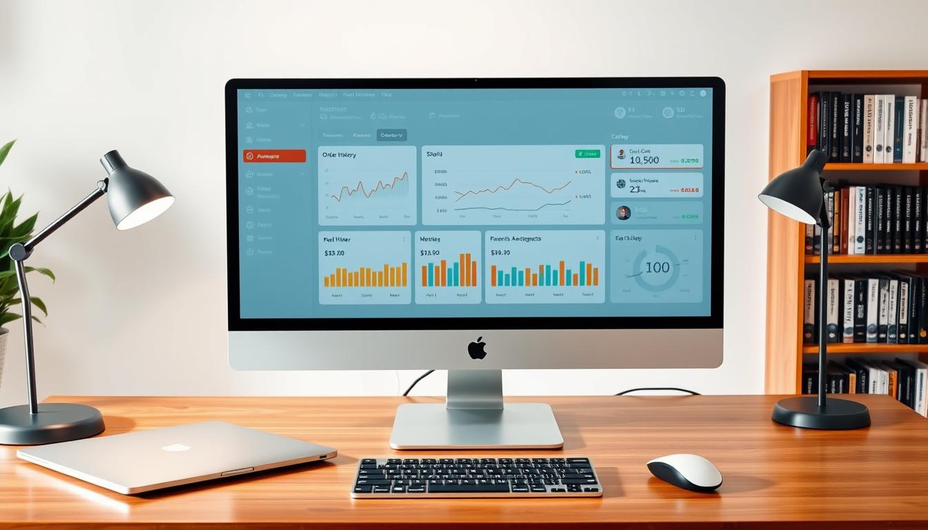 A professional-looking computer monitor displaying a detailed dashboard for an online ticket sales platform. The screen shows real-time analytics, order history, and revenue metrics. The workspace is well-lit with a mix of warm and cool tones, creating a productive and organized atmosphere. On the desk, there are a sleek laptop, a modern mouse and keyboard, and a stylish desk lamp. In the background, a bookshelf with business and entrepreneurship books suggests an air of expertise and diligence. The overall scene conveys the success and security of an established online ticket sales business.