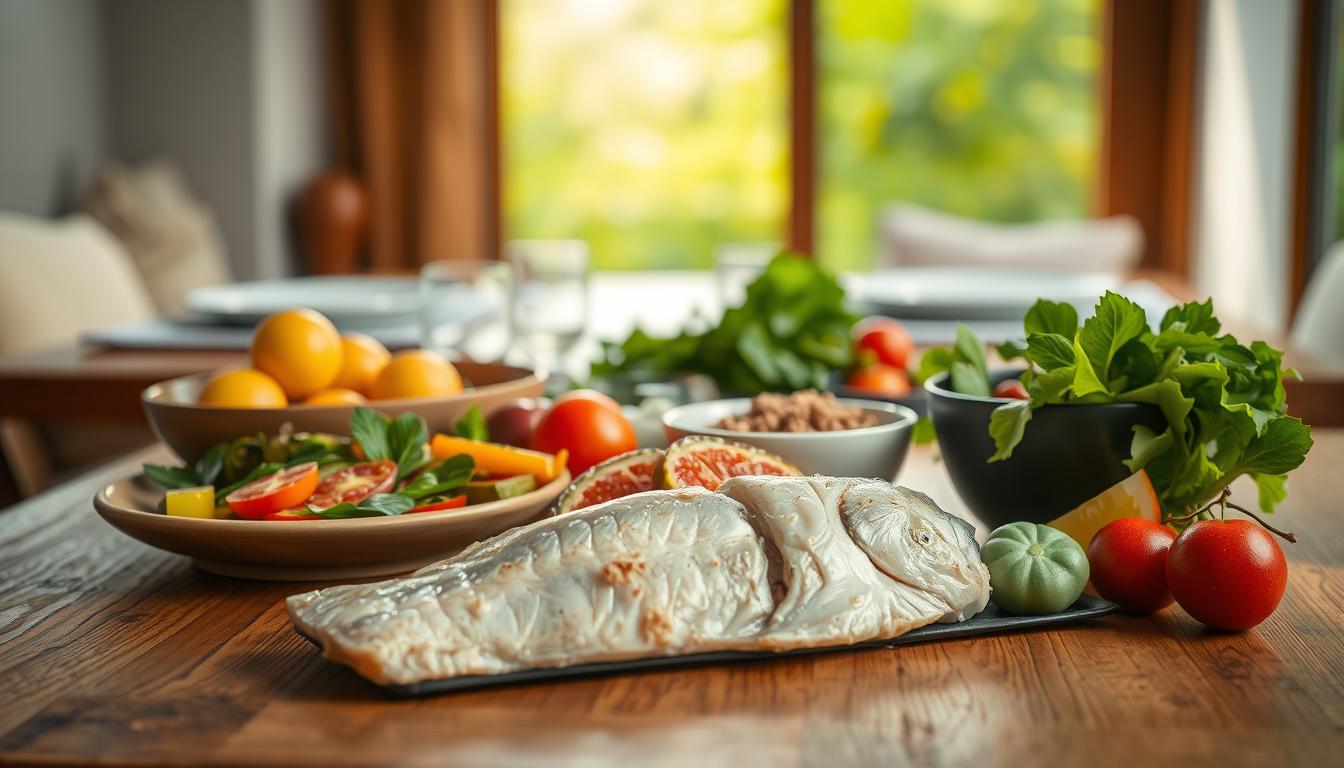 A visually appetizing arrangement of a healthy evening meal, captured in a softly lit, natural setting. In the foreground, a wooden table showcases an assortment of fresh, vibrant ingredients - steamed fish fillet, sautéed vegetables, a small bowl of brown rice, and a side of fresh fruit. Soft natural lighting casts a warm glow, highlighting the textures and colors of the wholesome spread. In the middle ground, a few simple, minimalist place settings complement the scene, while the background features a serene, blurred nature view, perhaps a lush garden or a cozy, inviting interior. The overall mood is one of simplicity, nourishment, and a sense of tranquility, perfectly capturing the essence of a healthy, light evening meal.