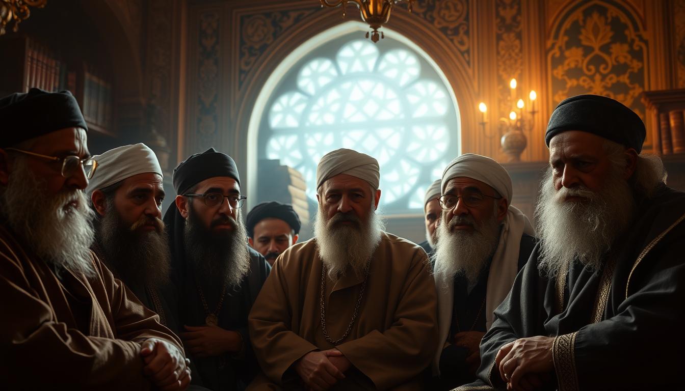 A panel of esteemed Islamic scholars, their faces etched with determination, gathered in a dimly lit chamber. Soft, reverent lighting illuminates their robes and thoughtful expressions as they deliberate on upholding the sacred laws. In the background, ornate architectural details and ancient tomes suggest the weight of tradition and scholarship they bear. The atmosphere is solemn, imbued with a sense of responsibility to ensure justice and adherence to the divine commandments. This scene conveys the pivotal role of ulama, or Islamic religious leaders, in the enforcement of Sharia law and the preservation of a righteous social order.