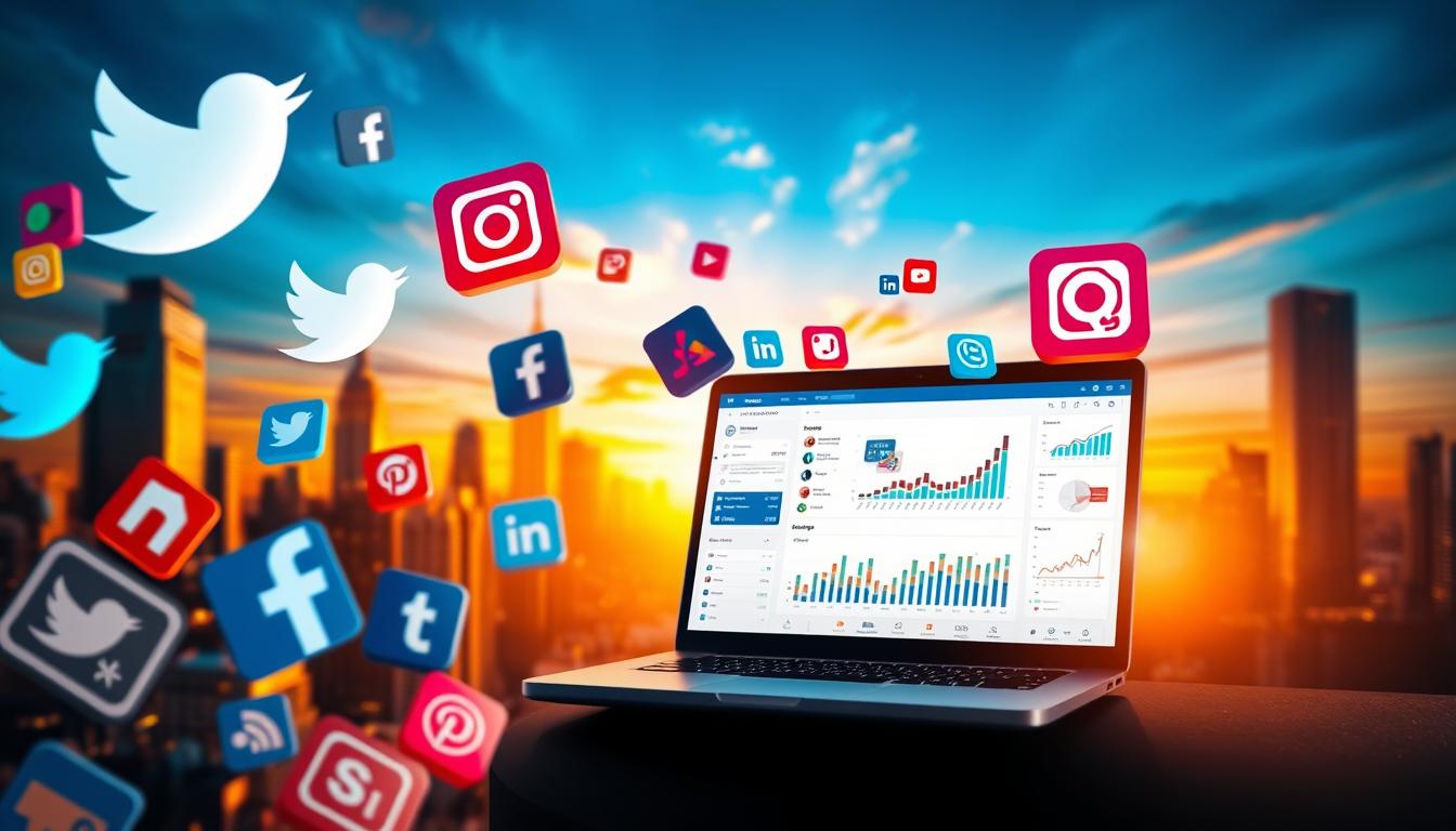 A vibrant social media marketing strategy displayed in an artistic composition. In the foreground, various social media platform icons float and overlap, including Twitter, Facebook, Instagram, and LinkedIn. The middle ground features a laptop displaying social media analytics and metrics, surrounded by colorful data visualizations. In the background, a lively cityscape with skyscrapers and a vibrant sunset sky creates a dynamic, urban atmosphere. The scene is illuminated by warm, directional lighting, casting dramatic shadows and highlights. The overall mood conveys a sense of digital connectivity, strategic planning, and the power of social media to drive business growth.