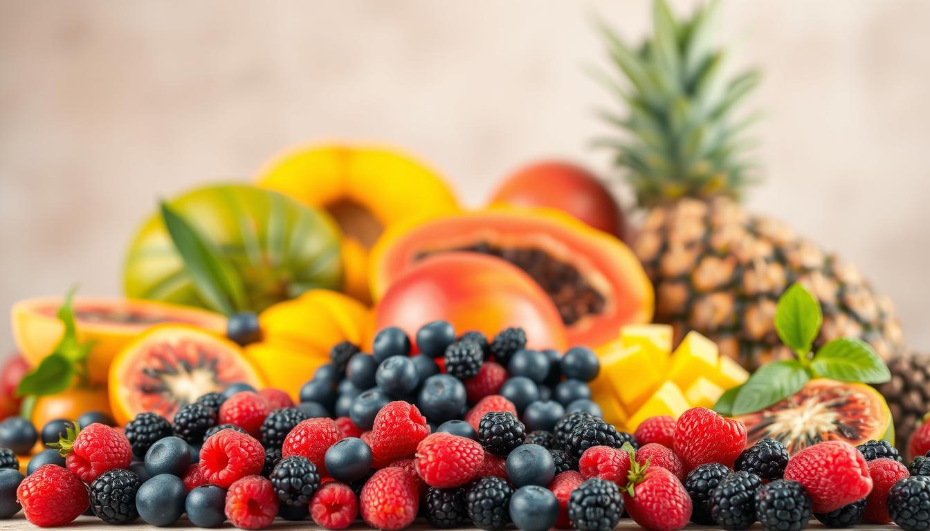 A vibrant still life showcasing an assortment of antioxidant-rich fruits against a softly blurred background. In the foreground, a variety of colorful berries, such as blueberries, raspberries, and blackberries, are arranged in a visually appealing manner. The middle ground features larger tropical fruits, including mangoes, papayas, and pineapples, each bursting with juicy goodness. The background is a neutral, slightly hazy setting, allowing the vibrant hues of the fruits to take center stage. The lighting is soft and diffused, creating a warm, inviting atmosphere that highlights the natural beauty and nutritional value of these immune-boosting superfoods.