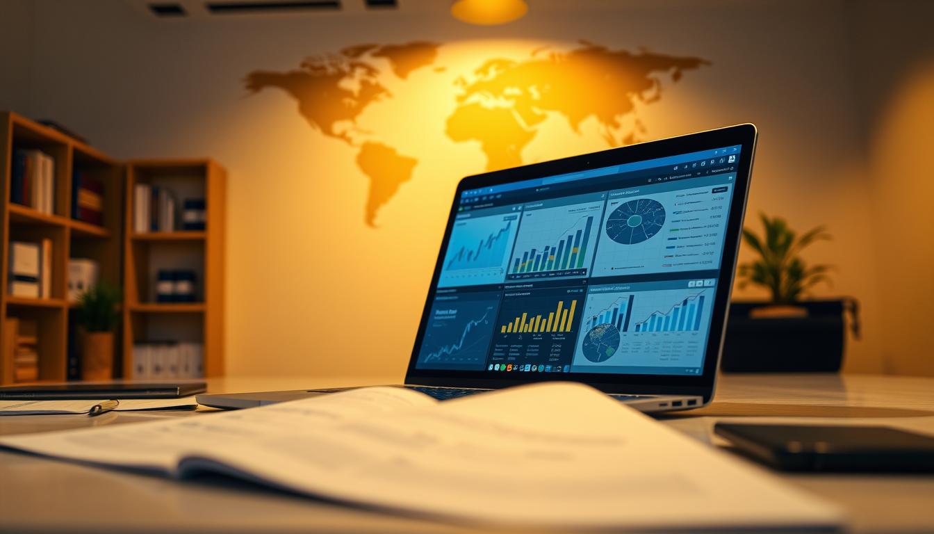 A detailed, data-driven analysis displayed on a sleek, modern interface. In the foreground, a series of infographics and visualizations showcasing key insights and trends. In the middle ground, a laptop or desktop computer displaying the analytical software, bathed in warm, directional lighting. In the background, a minimalist office setting with subtle hints of globalization - a world map, international flags, or a bookshelf with titles in multiple languages. The overall atmosphere is one of analytical rigor, technological sophistication, and global connectivity, reflecting the skills and certifications required for a successful international career in a field like accounting.