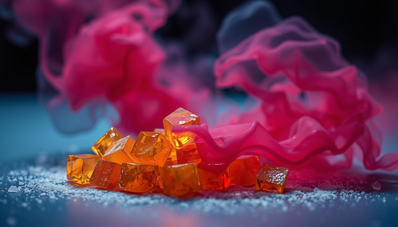 A crystalline arrangement of golden sugar cubes, their facets catching the warm glow of a focused light source. Surrounding them, a swirling, ethereal cloud of deep crimson and indigo hues, suggesting the underlying inflammation and irritation. The composition conveys the close relationship between the sweetness of sugar and the pain of bodily discord, a visual metaphor for the section's exploration of this connection. The lighting is soft and directional, creating dramatic shadows that add depth and intensity to the scene. The overall mood is contemplative, inviting the viewer to consider the interplay between these two important factors in maintaining joint and muscle health.