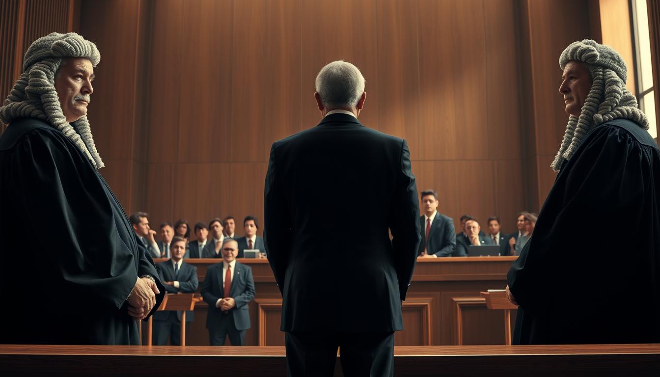 A solemn and authoritative scene set in a modern courtroom. In the foreground, three figures in dark robes and wigs - judges presiding over a high-stakes legal proceeding. Their expressions are stern, commanding attention. In the middle ground, lawyers in tailored suits stand before the bench, engaged in impassioned debate. Tension fills the air as the fate of the SPMB 2025 admissions process hangs in the balance. The background is bathed in a warm, muted light filtering through tall windows, lending an air of gravitas to the proceedings. The overall mood is one of seriousness and high-stakes decision-making, reflecting the critical role of the justice system in safeguarding the integrity of the SPMB 2025.