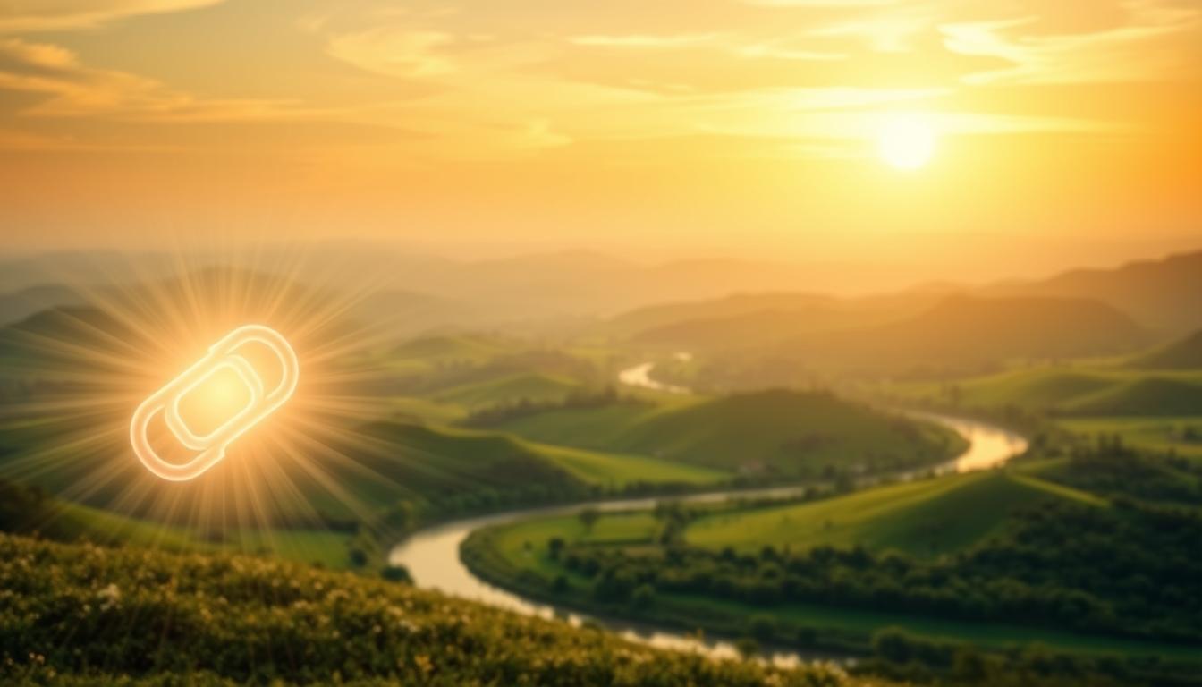 A serene, ethereal scene depicting the concept of &quot;link afiliasi&quot;. In the foreground, a glowing, translucent affiliate link icon hovers, its rays of light emanating outward. In the middle ground, a lush, verdant landscape unfolds, with rolling hills and a winding river. The background features a golden, sun-dappled sky with wispy clouds, creating a sense of warmth and tranquility. The lighting is soft and diffused, casting a gentle glow over the entire scene. The composition is balanced and harmonious, drawing the viewer's attention to the central affiliate link icon. The overall mood is one of prosperity, opportunity, and the interconnectedness of the digital world.