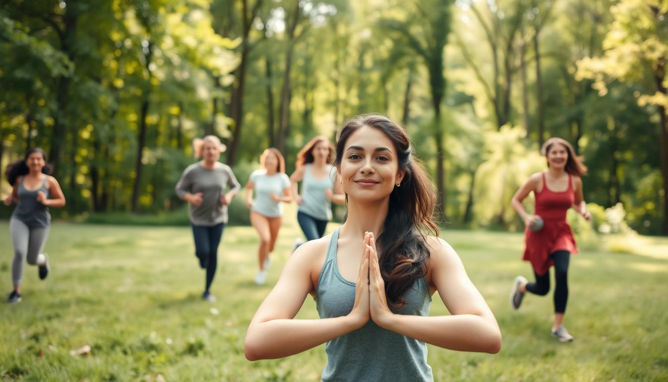 A serene outdoor scene showcasing a diverse group of people engaged in various physical activities for mental well-being. In the foreground, a woman practices gentle yoga poses on a grassy field, her expression calm and focused. In the middle ground, a group of friends jog together, their faces exuding positivity and energy. In the background, a lush forest provides a tranquil, natural backdrop, with sunlight filtering through the trees, creating a warm, inviting atmosphere. The overall scene conveys the harmonious integration of physical exercise and mental health, encouraging a holistic approach to well-being.