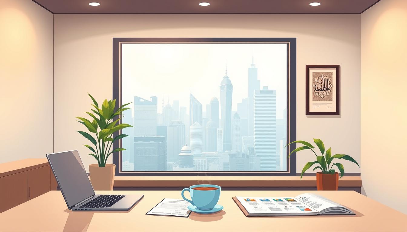 A serene, modern office interior with a large window overlooking a bustling city skyline. In the foreground, a tidy desk with a laptop, a cup of tea, and neatly arranged financial documents. The middle ground features a potted plant and a framed Islamic art piece on the wall, subtly indicating the Islamic finance theme. The background is softly lit, with warm, natural lighting filtering through the window, creating a calming atmosphere. The overall scene conveys a sense of professionalism, attention to detail, and a balanced approach to investments aligned with Islamic principles.