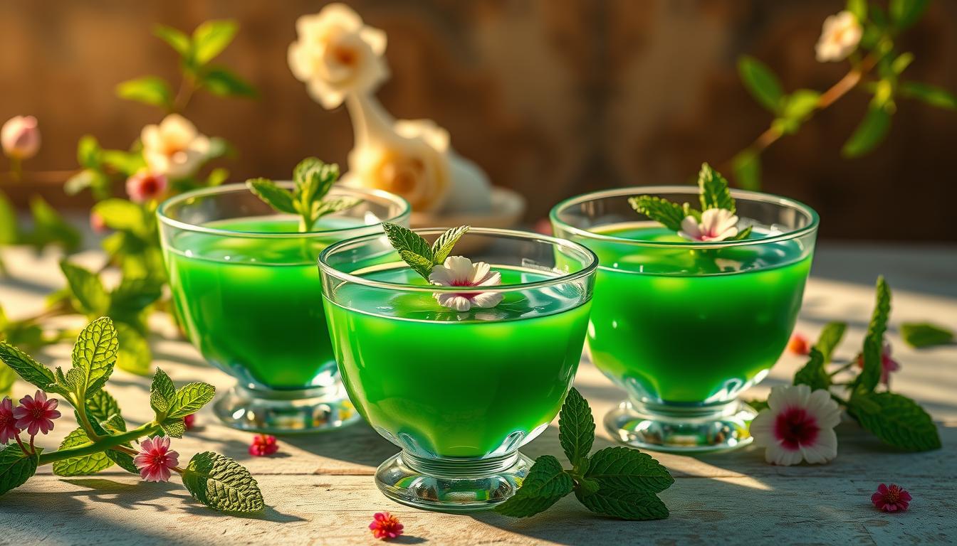 A lush, vibrant still life showcasing the essence of "tips es lumut". Meticulously crafted glass bowls brimming with a verdant, gelatinous dessert, accented by sprigs of fresh mint and delicate edible flowers. The composition is bathed in warm, golden light, casting subtle shadows that accentuate the textural details. The overall mood is one of natural elegance and wholesome indulgence, reflecting the healthful properties of this traditional Indonesian treat. The scene is photographed from a low angle, emphasizing the depth and volume of the presentation, while maintaining a crisp, focused clarity throughout.