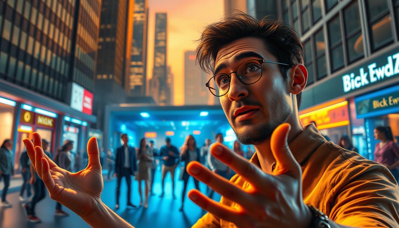 A captivating 30-second story, set against a vibrant urban backdrop. In the foreground, a charismatic narrator gestures expressively, their face illuminated by warm, cinematic lighting. In the middle ground, a diverse ensemble of characters enact a compelling narrative, their movements frozen in time. The background features a stylized cityscape, with sleek high-rises and neon-lit storefronts, creating a dynamic and immersive setting. The overall scene conveys a sense of energy, imagination, and the power of storytelling to captivate and engage an audience.