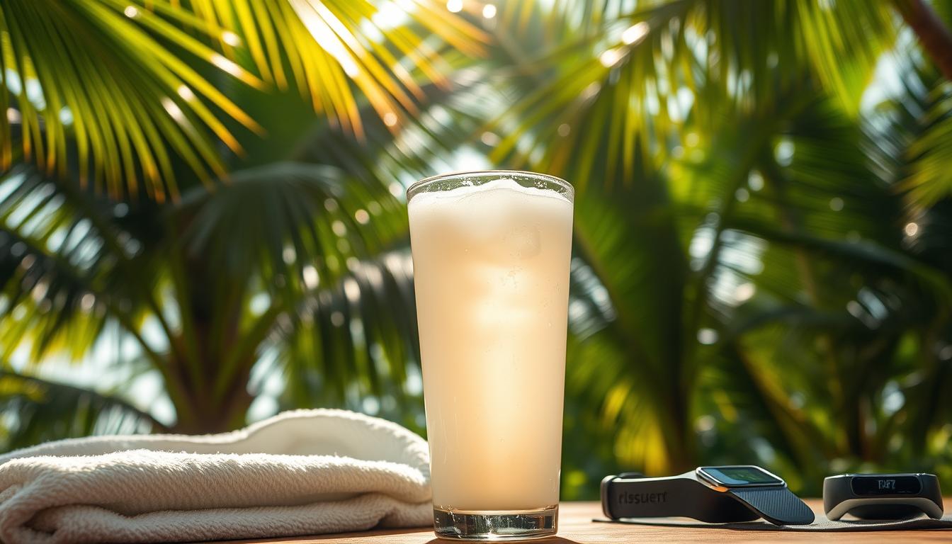 A refreshing glass of coconut water against the backdrop of a post-workout scene. A lush, tropical environment with verdant palm trees swaying gently in the breeze. Sunlight filters through the leaves, casting a warm, golden glow on the glass, highlighting the translucent liquid within. The coconut water appears chilled, condensation beading on the surface, signifying its rejuvenating properties. In the foreground, a towel, sports equipment, and a fitness tracker hint at the recent physical activity, emphasizing the role of coconut water in aiding recovery and hydration. The overall atmosphere is one of relaxation, replenishment, and the restorative power of nature.