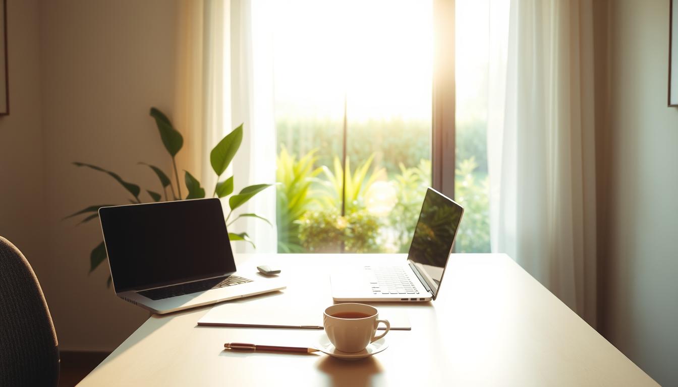 A bright, airy home office at dawn, with a large window overlooking a lush, verdant garden. The desk is neatly organized, with a laptop, a cup of steaming coffee, and a few carefully arranged office supplies. The lighting is soft and warm, filtering in through the sheer curtains. The walls are a soothing, muted color, creating a calming atmosphere. In the background, a hint of the garden's vibrant greenery can be seen, symbolizing the renewal and energy of the morning. The overall scene conveys a sense of focus, productivity, and a fresh start to the day.