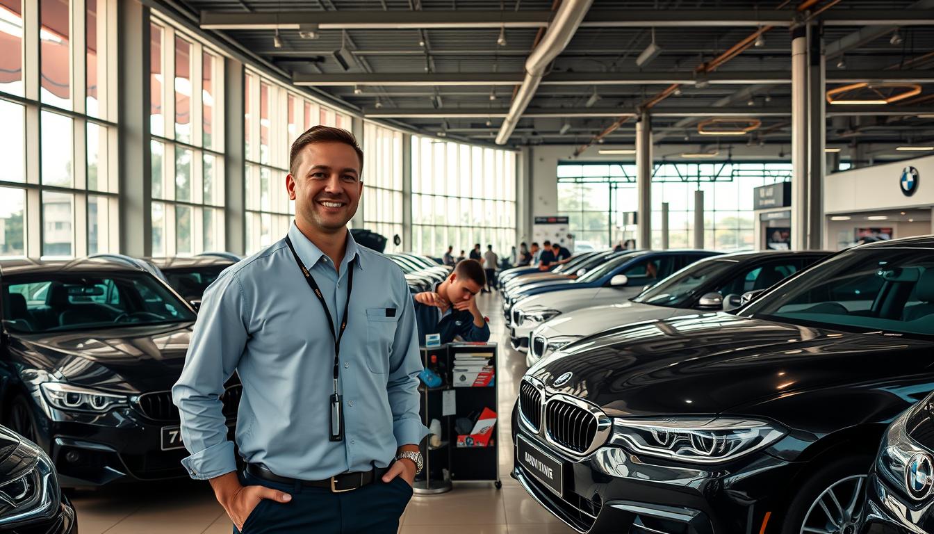 A bustling service center in the heart of Jakarta Selatan, showcasing a neatly arranged row of gleaming MINI Coopers and BMW sedans. The showroom's sleek, modern design features floor-to-ceiling windows that flood the space with warm, natural light. In the foreground, a knowledgeable sales associate stands ready to assist customers, their crisp uniform and welcoming demeanor creating a professional, yet friendly atmosphere. The middle ground reveals a well-stocked parts and accessories display, catering to the needs of discerning MINI and BMW owners. In the background, a team of expert technicians can be seen working diligently in the service bays, their skilled hands carefully maintaining and repairing these premium vehicles. An overall sense of efficiency, attention to detail, and customer-centric service permeates the scene.