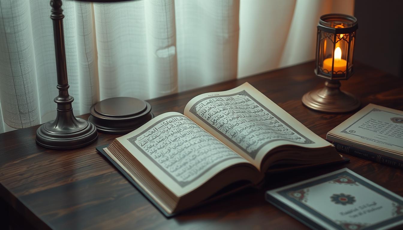 A serene study nook with a wooden desk, antique lamp, and open journal. Soft, diffused lighting illuminates the scene, creating a contemplative atmosphere. The journal's pages are filled with elegant calligraphy and intricate illustrations, reflecting the thoughtful and spiritual nature of the subject, "Jurnal Akhlak Tasawuf". The composition is balanced, with the journal as the focal point, surrounded by understated yet refined accents that evoke a sense of scholarly dedication and inner exploration.