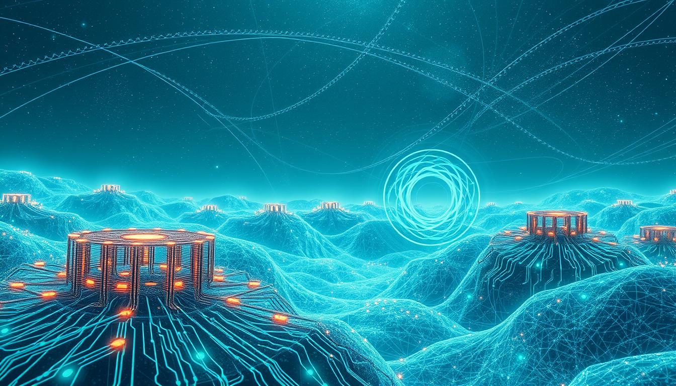 A complex, ethereal landscape of quantum computing, rendered in shimmering hues. In the foreground, a series of intricately woven quantum gates and circuits pulsate with an otherworldly energy, their intricate designs hinting at the immense computational power they possess. The middle ground features a swirling vortex of data streams, representing the flow of information through the quantum system, while the background is dominated by a vast, cosmic expanse, dotted with the faint outlines of binary stars and distant galaxies. The scene is bathed in a cool, blue-green glow, suggesting the precise, almost mystical nature of quantum phenomena. The overall impression is one of awe-inspiring technological advancement, balanced by a sense of the profound mysteries that still lie at the heart of this cutting-edge field.