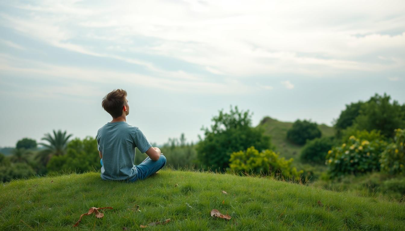 A peaceful, serene landscape with a young person sitting cross-legged on a grassy hill, gazing thoughtfully at the horizon. The sky is a soft, muted blue with wispy clouds, creating a calming atmosphere. In the middle ground, there are lush, verdant trees and shrubs, symbolizing the growth and rejuvenation of the mind. In the foreground, the young person is depicted in a relaxed, introspective pose, suggesting a moment of self-reflection and inner harmony. The lighting is soft and diffused, adding to the tranquil mood. The scene conveys a sense of balance, mindfulness, and the importance of mental well-being for today's youth.
