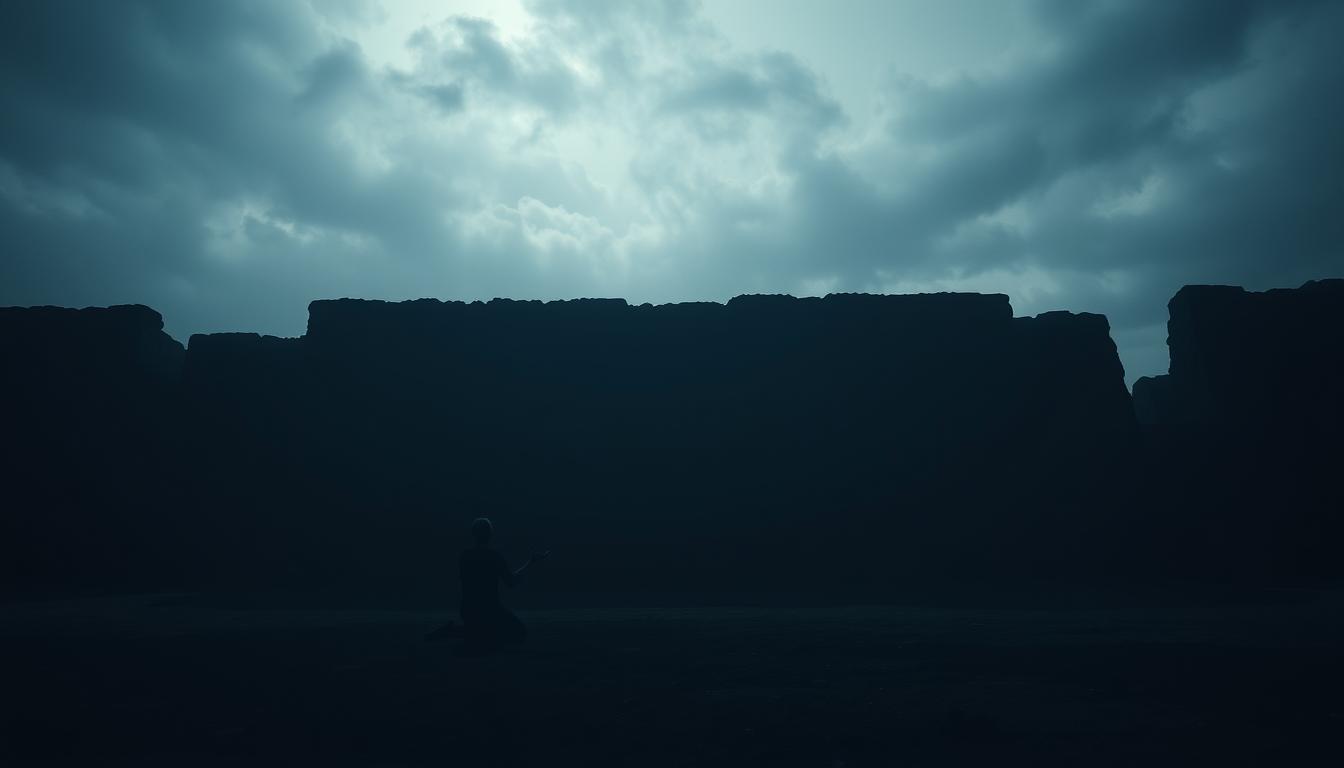 A dimly lit, gloomy landscape where a massive, imposing barrier looms large, obstructing the path to the heavens. The barrier, constructed of dark, weathered stone, stands as a formidable obstacle, casting long shadows that shroud the scene in an air of despair. In the foreground, a lone figure kneels, hands outstretched, pleading, their silhouette a testament to the struggle of trying to overcome the impediments that hinder their connection with the divine. The sky above is a somber, overcast canvas, adding to the sense of isolation and the weight of the challenge that the figure faces. The scene evokes a sense of the internal and external barriers that can impede one's ability to fully connect with and receive the promises of God.